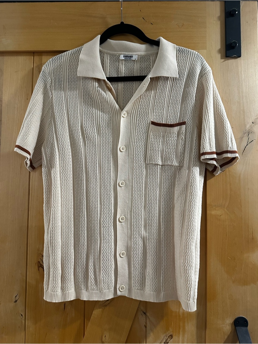 Men's Short-Sleeve Knit Button-Down Shirt - Cream with Brown Trim